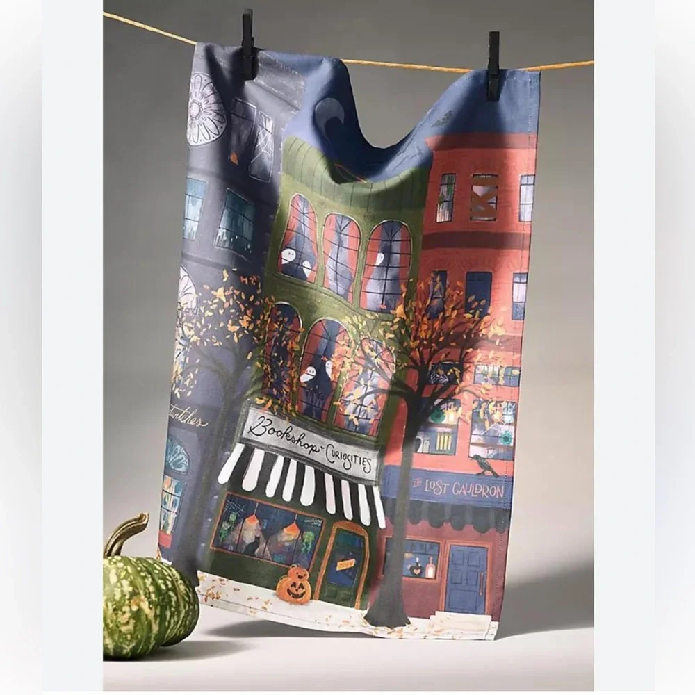 Anthropologie Spooky Bookstore Dish Towel NWOT